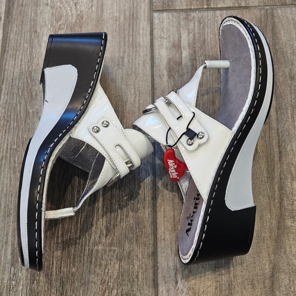 Alegria Thong Wedge Sandals Size 41 White Patent Leather Ring Platform LIKE NEW